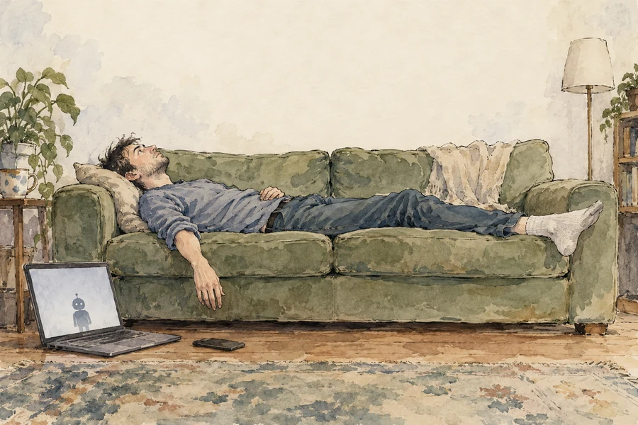 Loose ink-and-watercolor illustration of an exhausted man lying on a green couch staring at the ceiling, with an ignored laptop showing a small robot and a face-down phone on the floor.