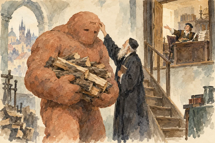Loose ink and watercolor of a clay golem carrying firewood, Rabbi Loew reaching toward its forehead, and a comfortable safety adviser writing reports in an upstairs study.
