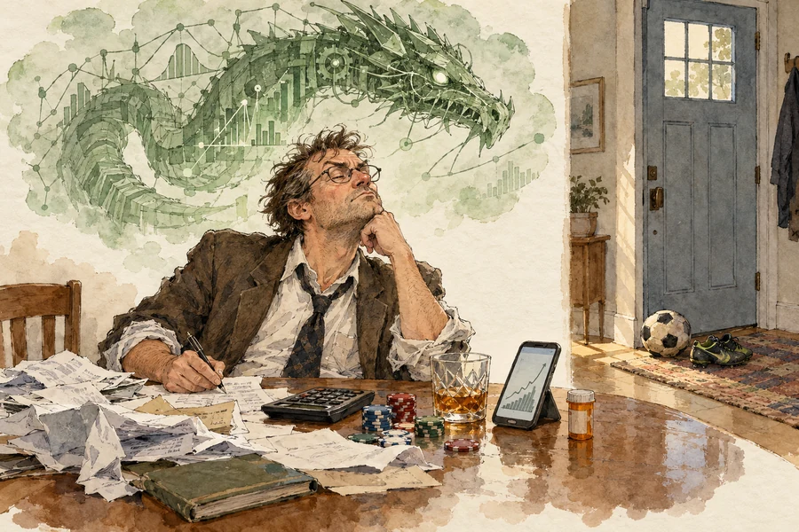 Loose ink-and-watercolor illustration of a father calculating at a cluttered table, with a soccer ball and small cleats waiting beside the front door and a mechanical basilisk in his thought cloud.