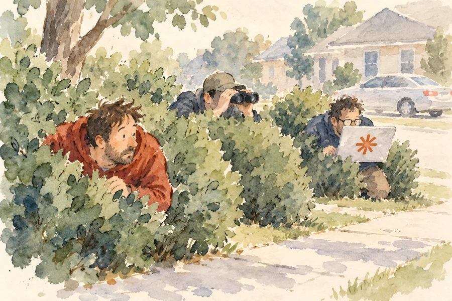 Loose watercolor of three adult operatives poorly concealed in suburban bushes, one holding binoculars and one using a laptop bearing the orange Claude sunburst.