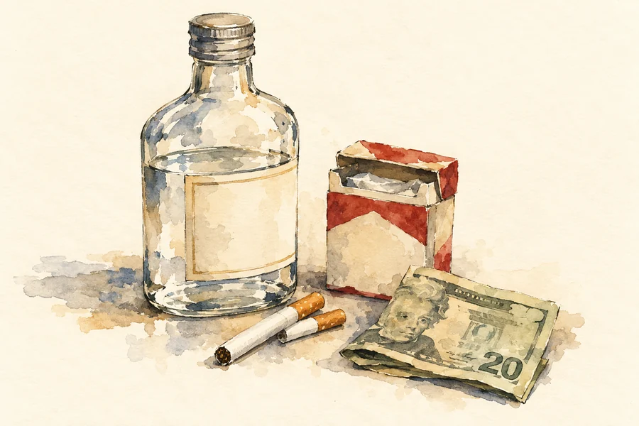 Loose ink-and-watercolor still life of a cheap vodka bottle, a cigarette pack with two loose cigarettes, and a folded twenty-dollar bill.