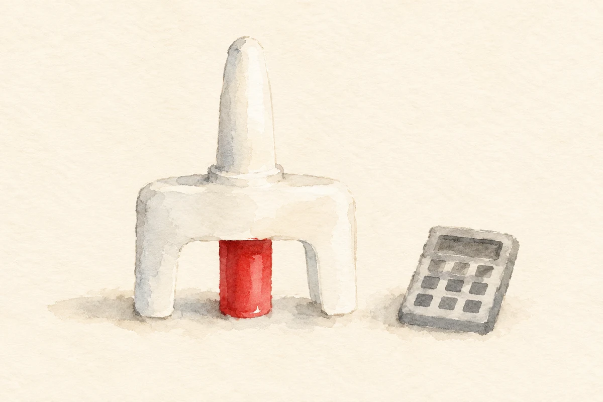 Minimal watercolor of a white nasal naloxone applicator with a red plunger beside a small gray calculator on bare cream paper.