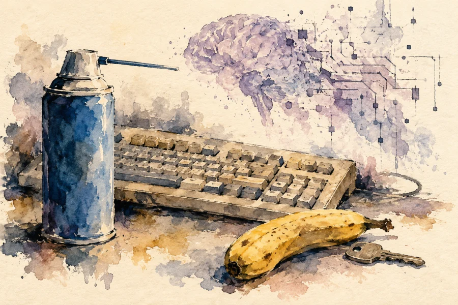 Loose ink and watercolor still life of a blue computer-duster can, beige keyboard, banana and house key, with a pale violet brain dissolving into circuit marks.