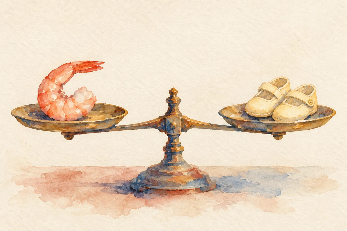 A pink watercolor shrimp balances against a tiny pair of yellow baby shoes on an antique scale.