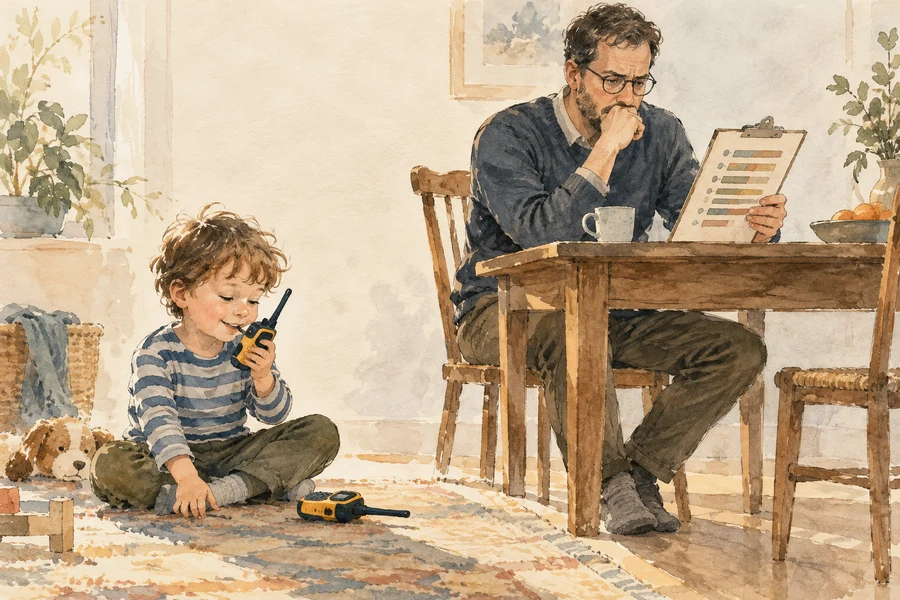 Loose watercolor of a father studying a prediction chart while his young son plays with toy walkie-talkies.