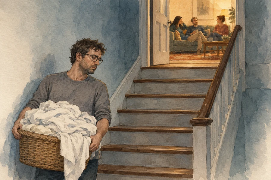 Watercolor of a tired man carrying bedsheets below stairs leading to a warmly lit room where core members relax.