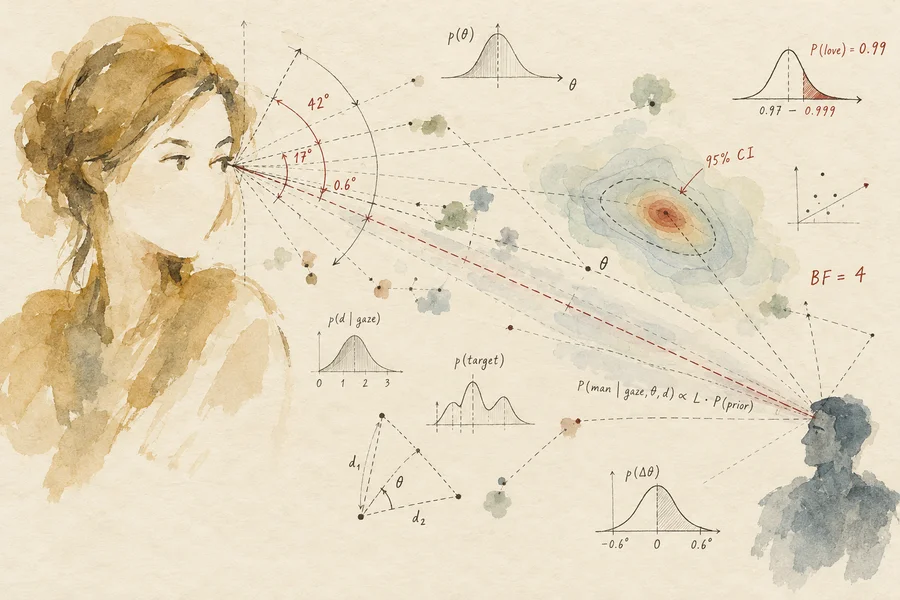 Abstract ink-and-watercolor illustration of a woman glancing sideways, with angle arcs, degree labels, sight lines, probability curves and a 99 percent love estimate converging on a distant man.