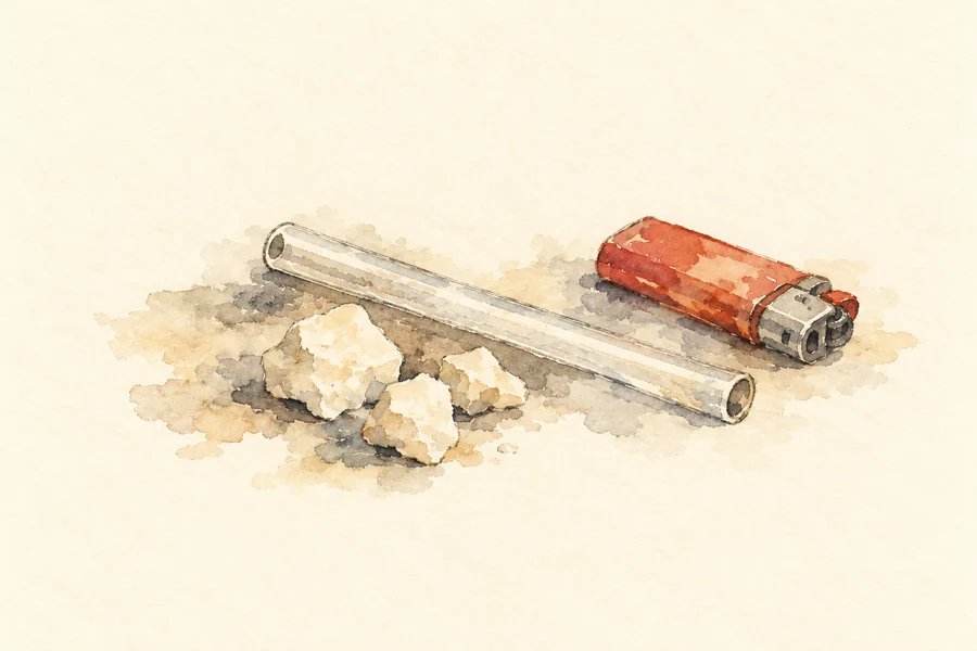 Loose watercolor of three off-white crack cocaine rocks beside a straight open-ended glass stem and an unlit red lighter, with unfinished gray and ochre washes on cream paper.
