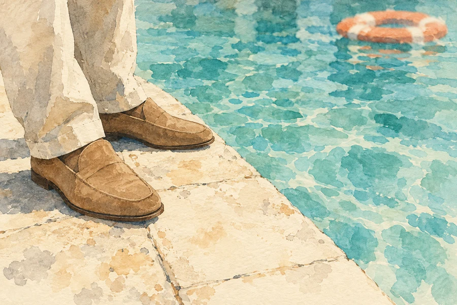 Suggestive watercolor of tan suede loafers on dry stone beside turquoise swimming-pool water.